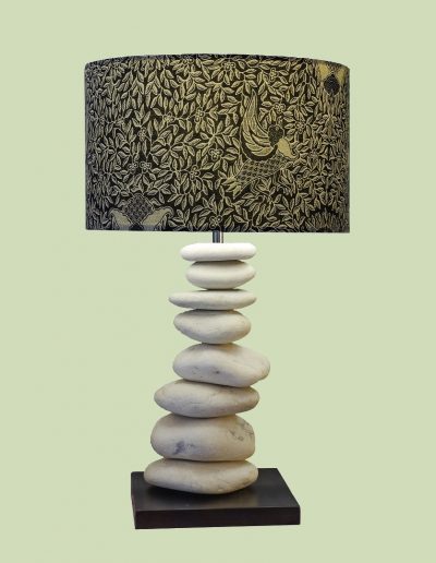 White stack-stone Table Lamp with bali fabric lamp shade